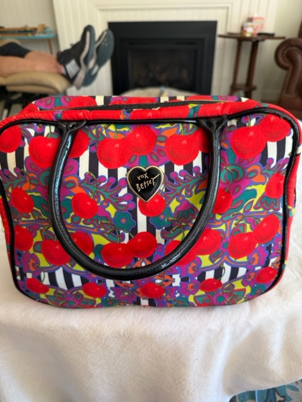 Betsey Johnson Red Cherry Print Cosmetic bag with Stripes & Floral Motif